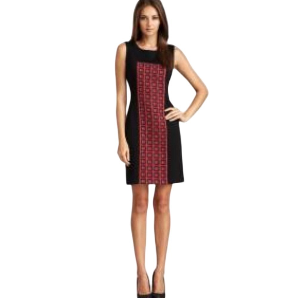 Jones New York Jones Wear Black Red Geometric Jacquard Sheath Dress 4 officecore